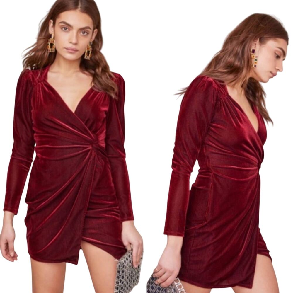 ASTR the Label Lanita Velvet Mini Dress Faux Wrap Tie Waist Long Sleeve Merlot S